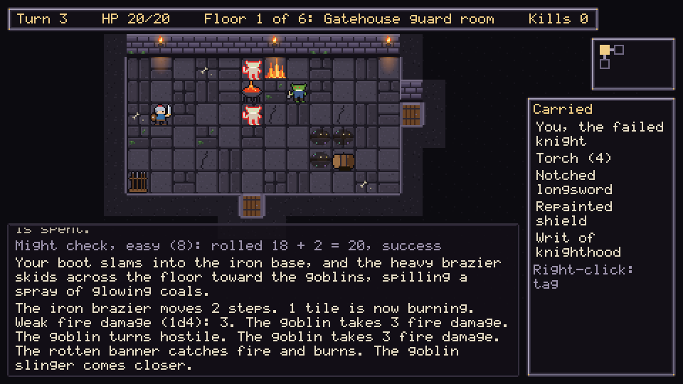 The gatehouse guard room on floor 1. The knight has kicked the iron brazier at the goblins: one tile burns, two goblins are on fire, and the log tells what the game master ruled.