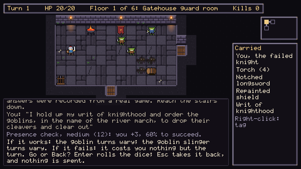 The guard room before the dice: the knight orders the goblins out in the name of the river march, and the log shows a medium Presence check, a 60% chance, and what success and failure would bring.